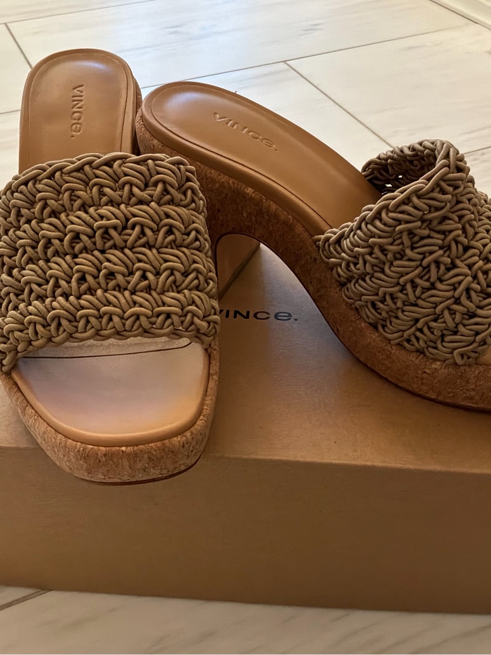 Vince Tan Braided Cork Platform Slide Mules